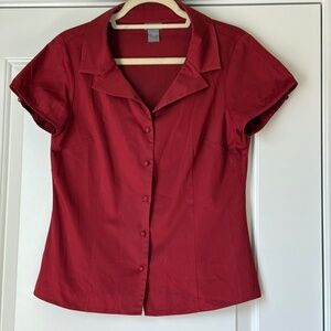 Ann Taylor Womens Button Up Shirt Short Cap Sleeve Collared Casual Red Size 8